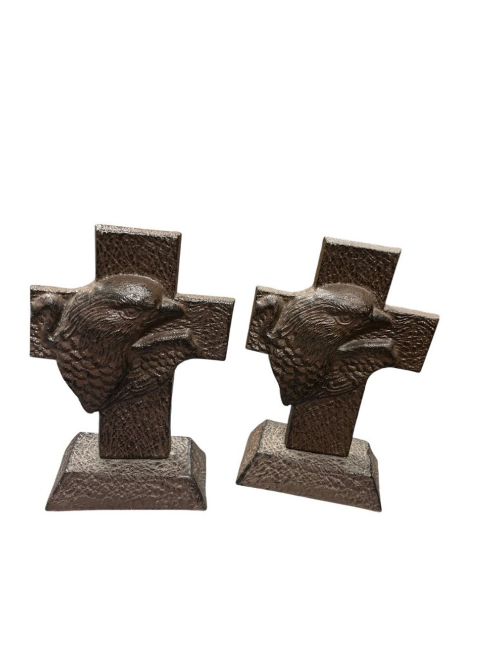 Vintage cast metal 7.5"x5" black eagle cross pair of 2 bookends SKU 10-205
